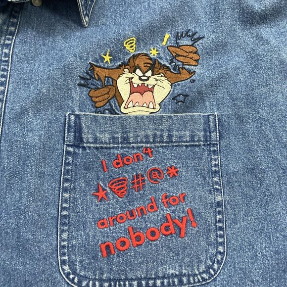 Vintage 2000 Warner Bros Taz I Don't @ Around for Nobody Button XXL Shirt Blue - Picture 5 of 9